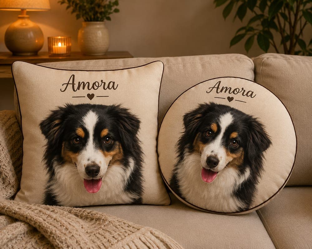 Almofadas com rostos da Amora (nossa cachorra)