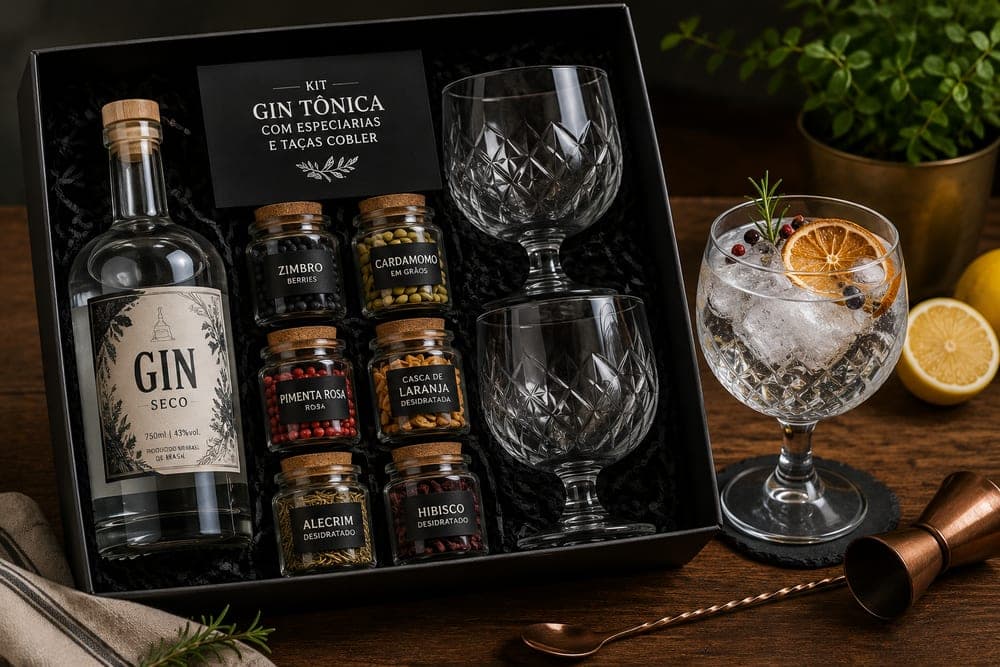 Kit de gin tônica com especiarias e taças cobler