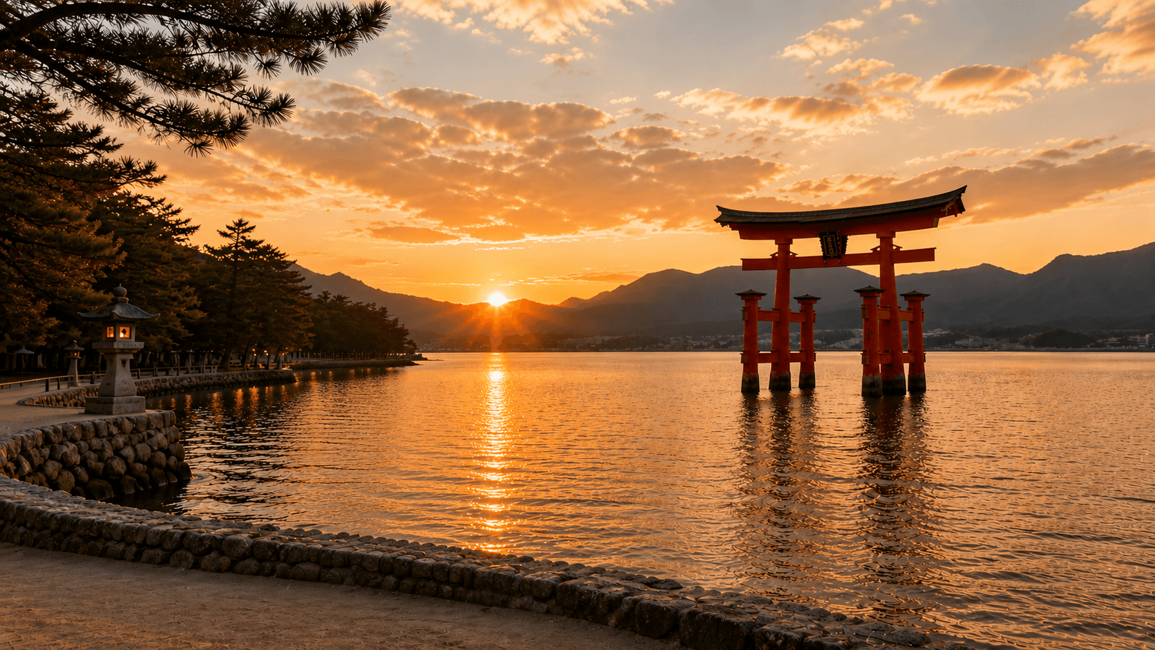 Pôr do sol no torii flutuante de Itsukushima, Japão