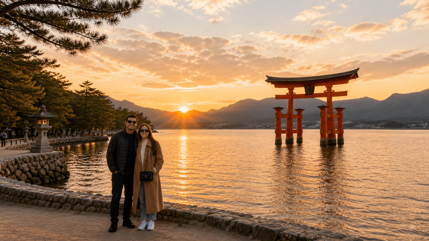 Luiza e João Pedro em frente ao torii flutuante de Itsukushima, no Japão, ao pôr do sol